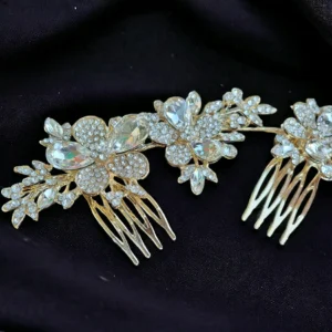 Златисто украшение за коса с цветя и кристали 3